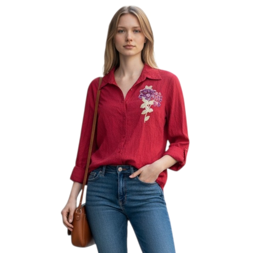 90s Y2K Point Zero Floral Applique Beaded Blouse Red Crinkle Large